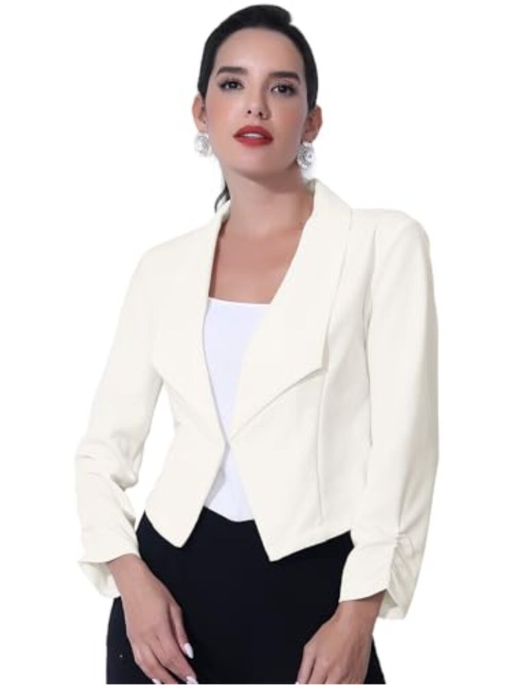 Lapel Ruched Sleeve Cropped Blazer Business Casual Knit Jacket
